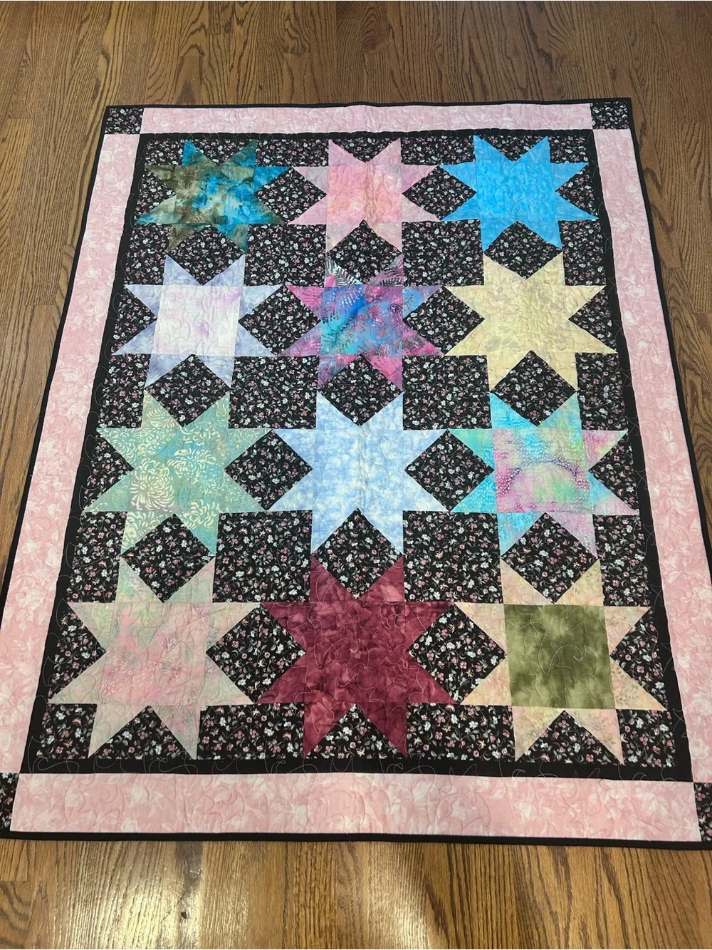Handmade Ohio Star Quilt Pastel Batik Floral Throw Blanket Pink cottagecore blk